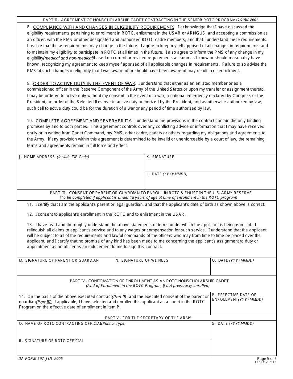 DA Form 597 Army Senior Reserve Officers Training Corps (Rotc) Nonscholarship Cadet Contract, Page 5
