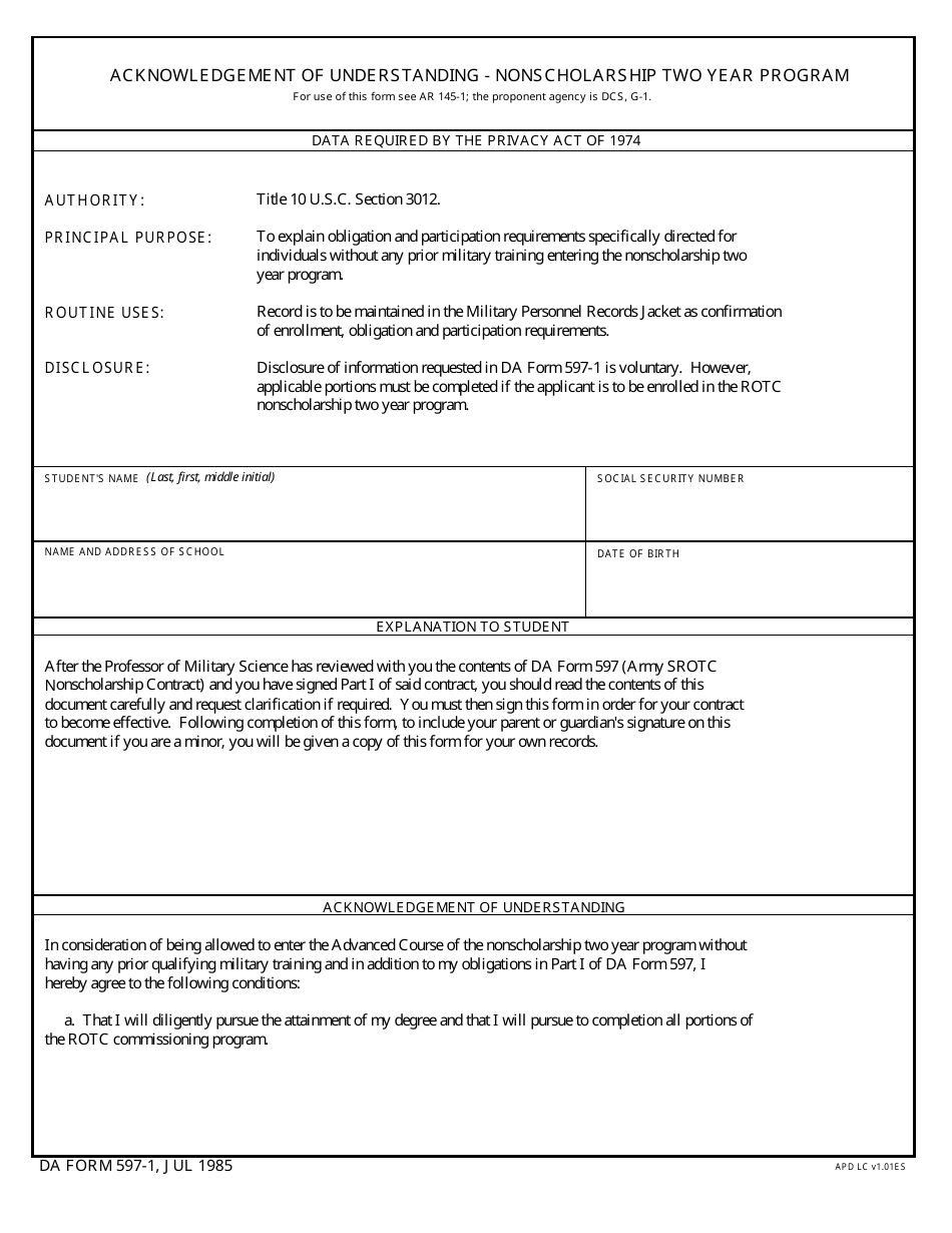 DA Form 597-1 Acknowledgement of Understanding, Nonscholarship Two Year Program, Page 1