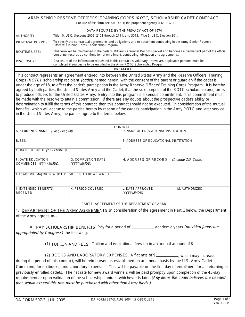DA Form 597-3 Army Senior Reserve Officers Training Corps (Rotc) Scholarship Cadet Contract, Page 1