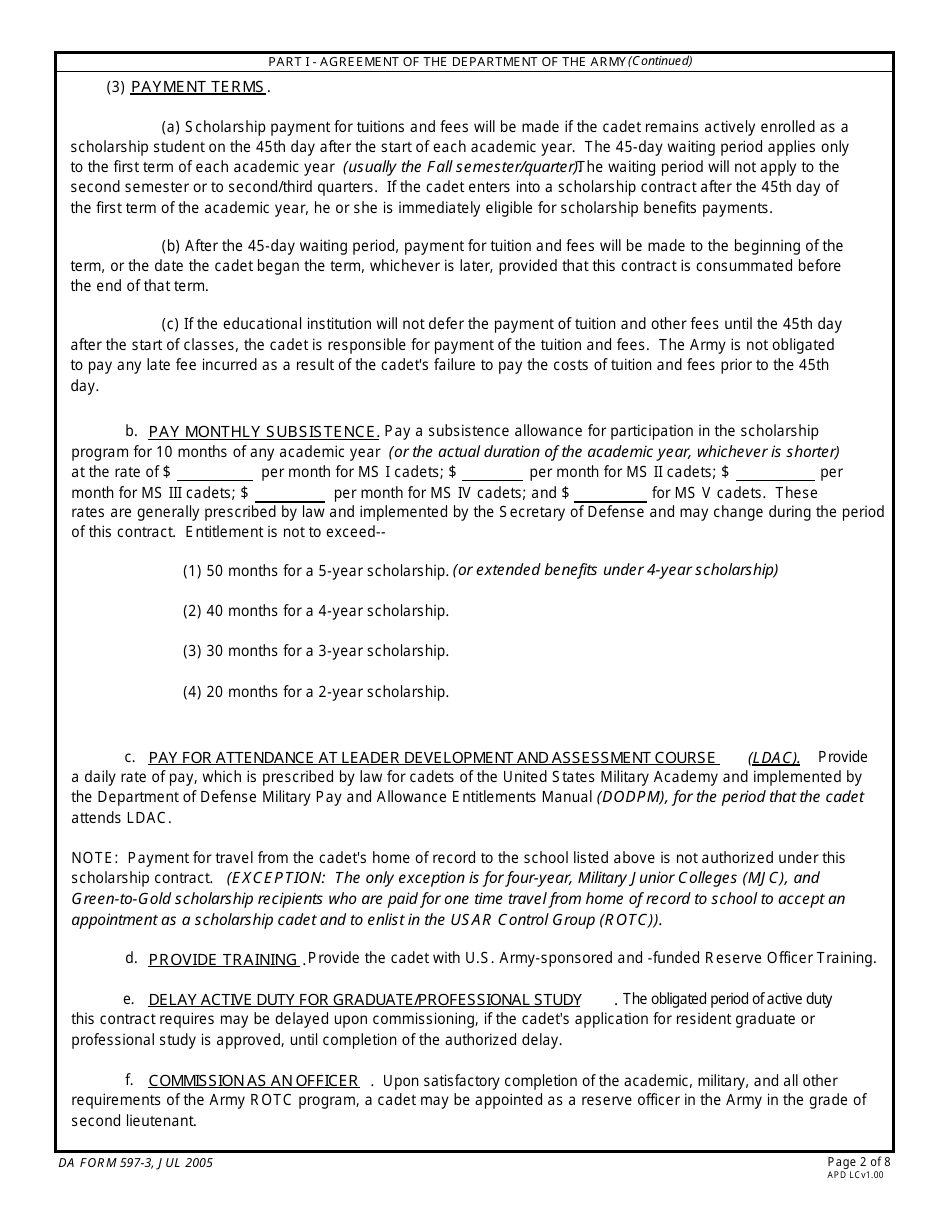 DA Form 597-3 Army Senior Reserve Officers Training Corps (Rotc) Scholarship Cadet Contract, Page 2