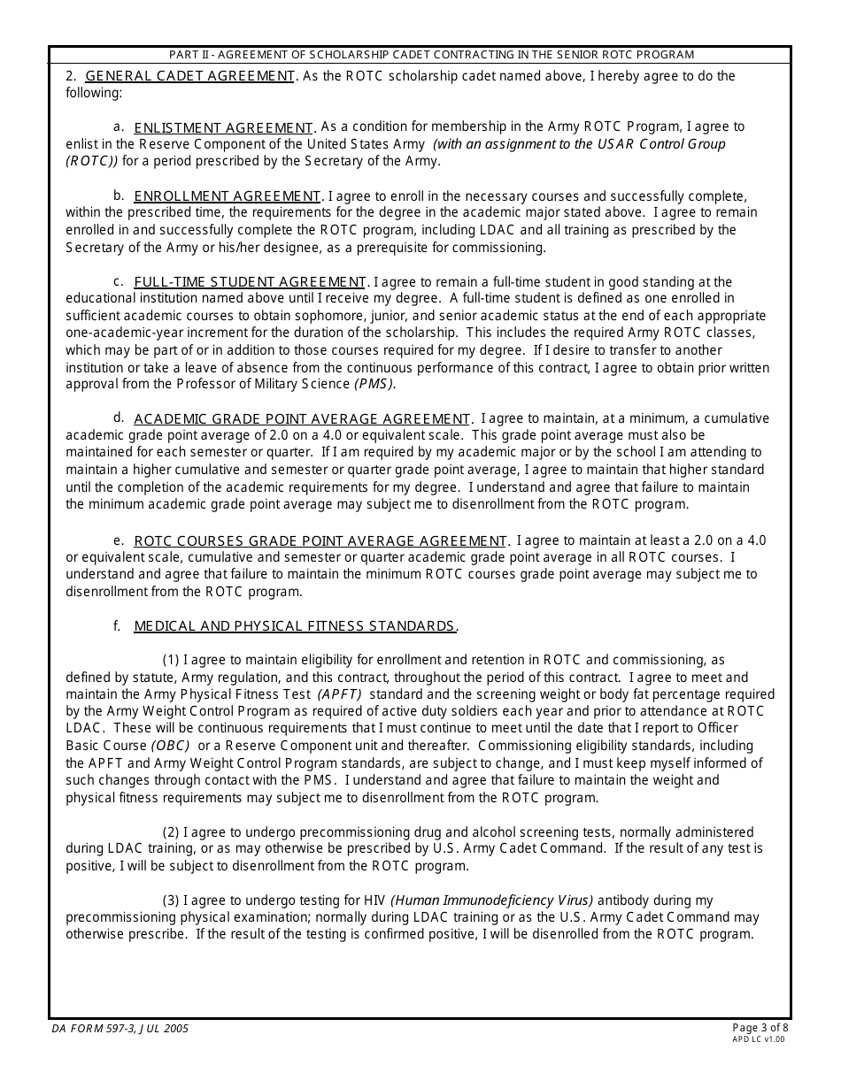 DA Form 597-3 Army Senior Reserve Officers Training Corps (Rotc) Scholarship Cadet Contract, Page 3