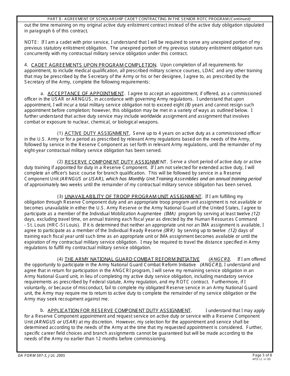DA Form 597-3 Army Senior Reserve Officers Training Corps (Rotc) Scholarship Cadet Contract, Page 5