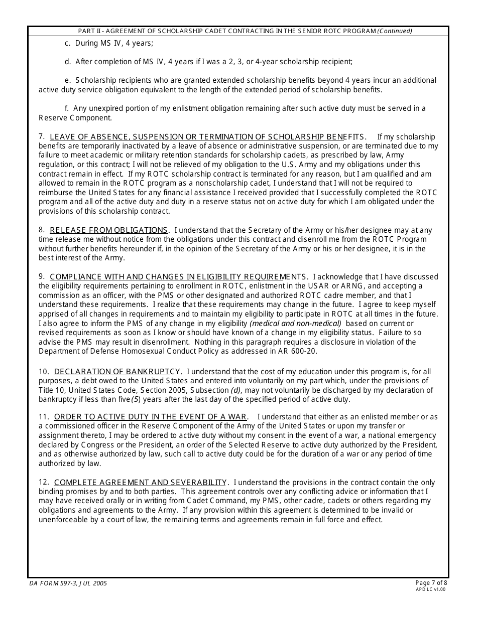 DA Form 597-3 Army Senior Reserve Officers Training Corps (Rotc) Scholarship Cadet Contract, Page 7