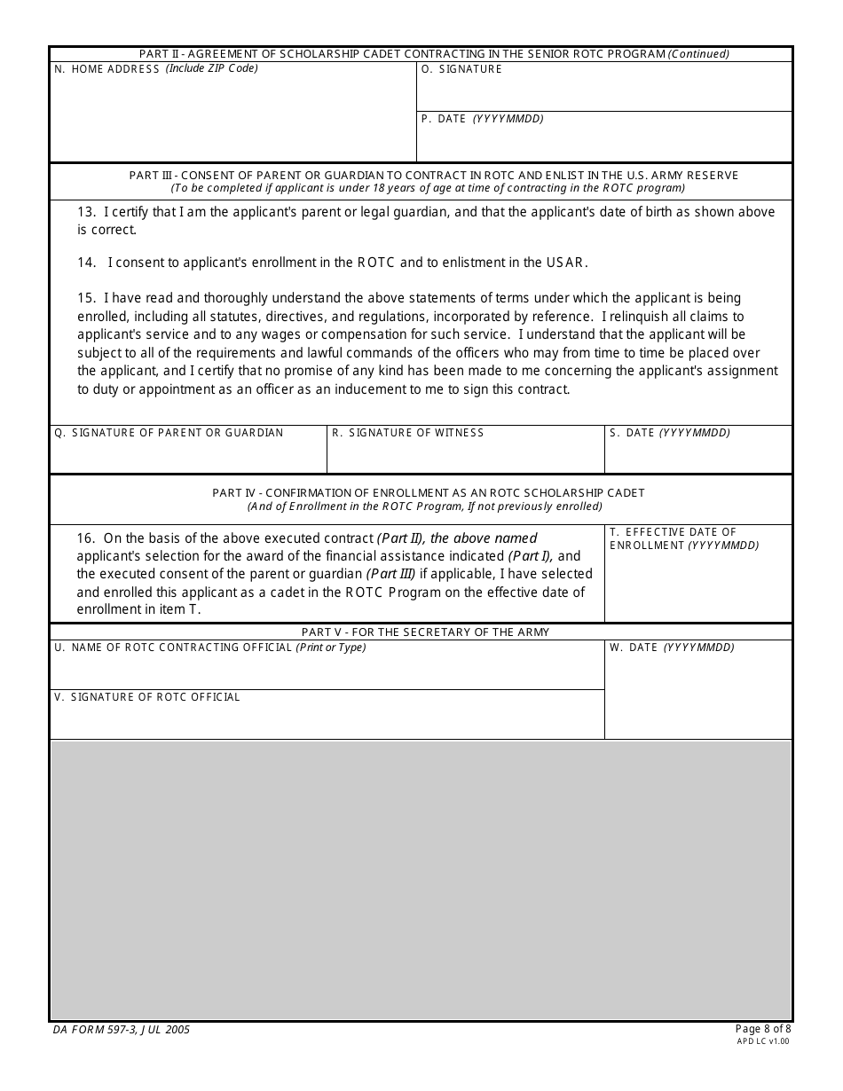 DA Form 597-3 Army Senior Reserve Officers Training Corps (Rotc) Scholarship Cadet Contract, Page 8