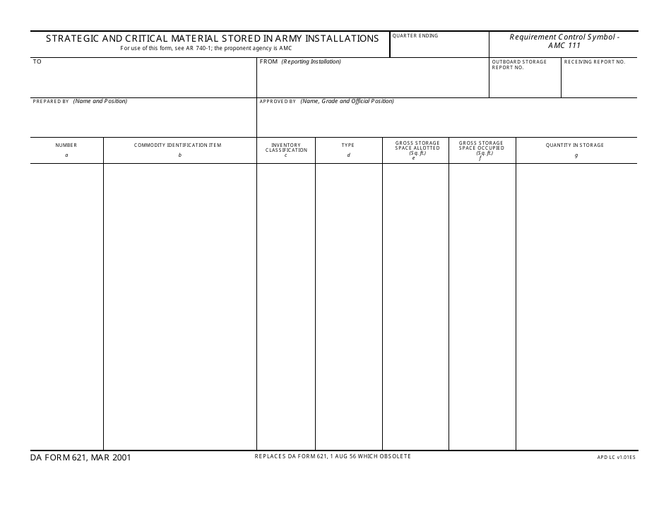 DA Form 621 Strategic and Critical Material Stored in Army Installations, Page 1