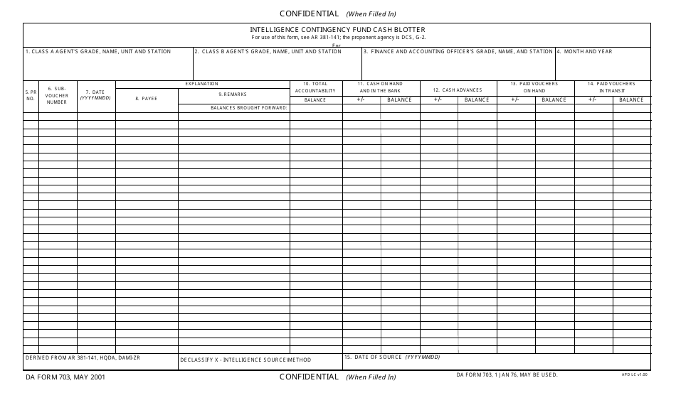 DA Form 703 Intelligence Contingency Fund Cash Blotter, Page 1