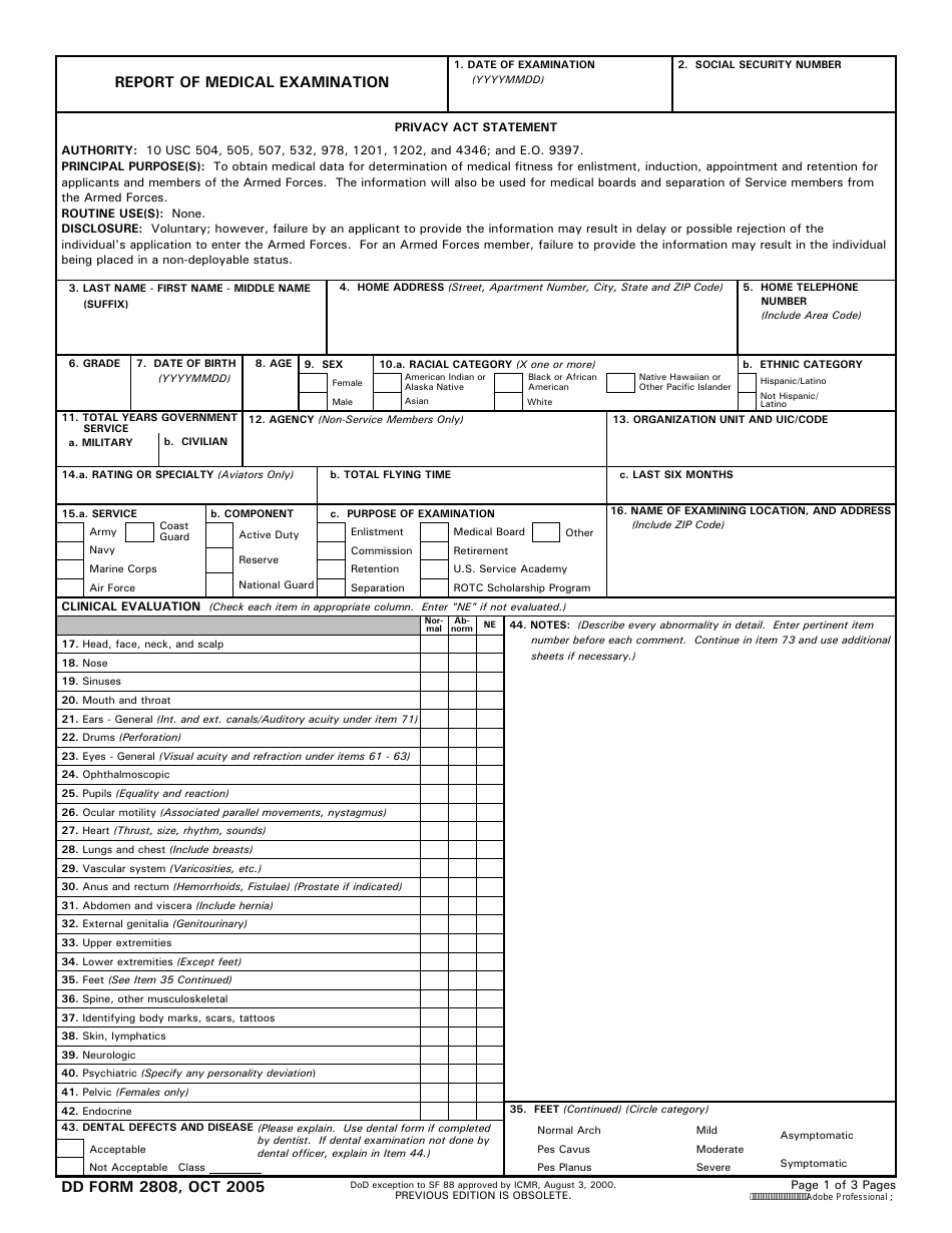 DD Form 2808 Report of Medical Examination, Page 1