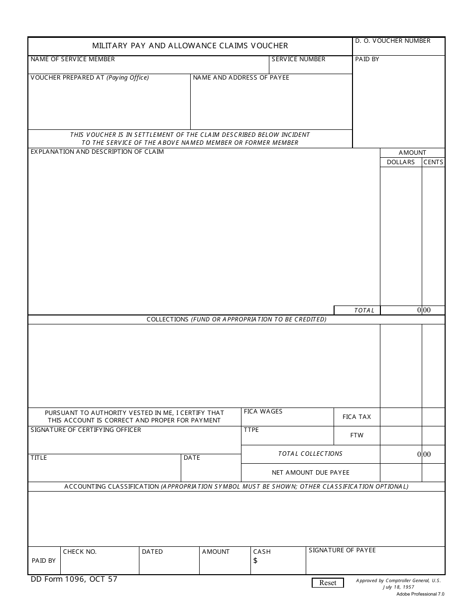 DD Form 1096 Military Pay and Allowance Claim Voucher, Page 1