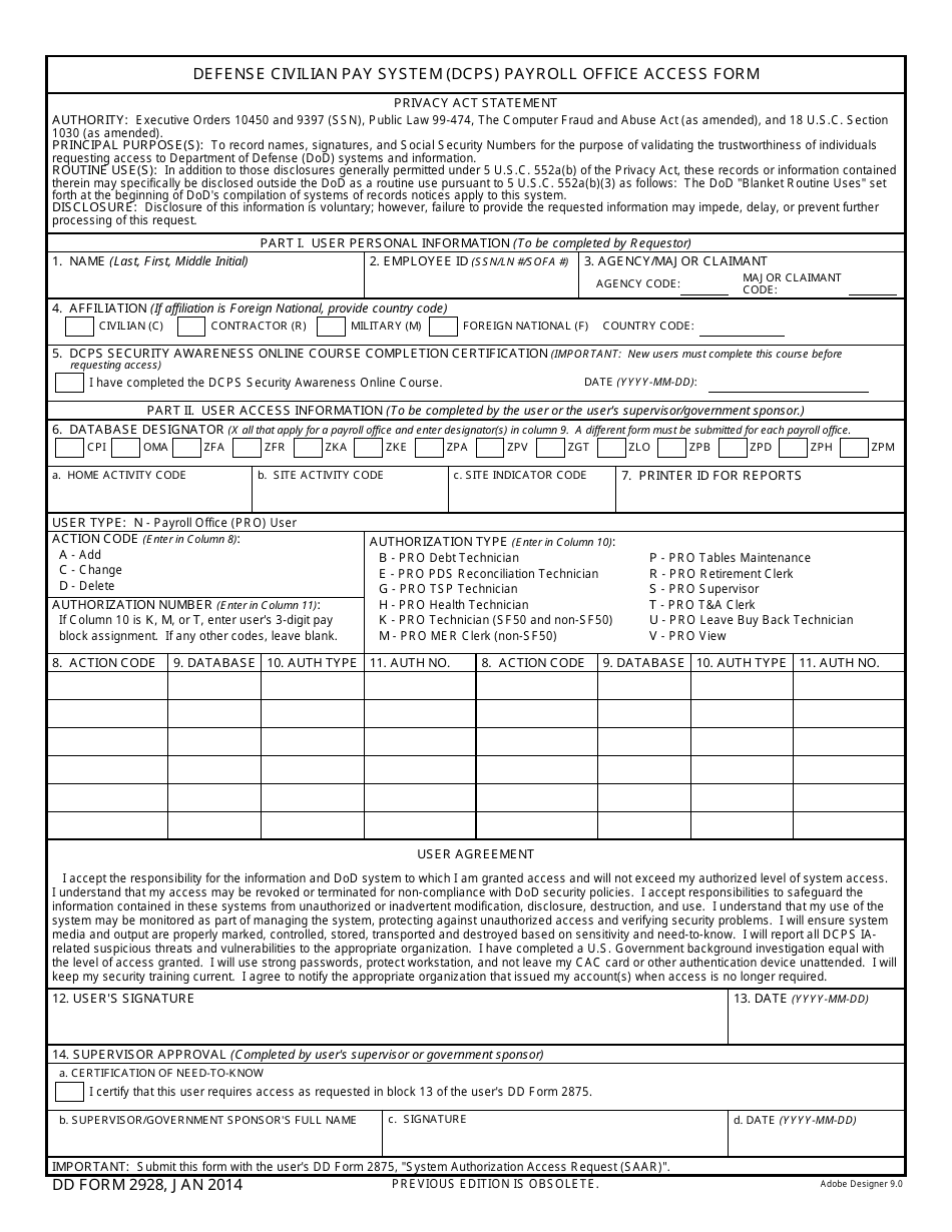 DD Form 2928 Defense Civilian Pay System (Dcps) Payroll Office Access Form, Page 1