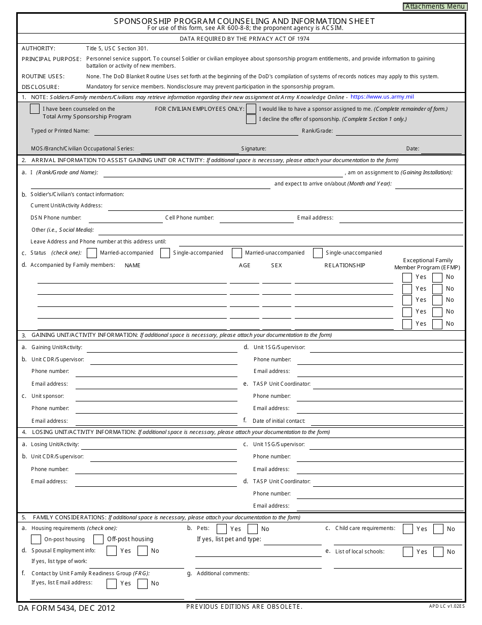 DA Form 5434 Sponsorship Program Counseling and Information Sheet, Page 1