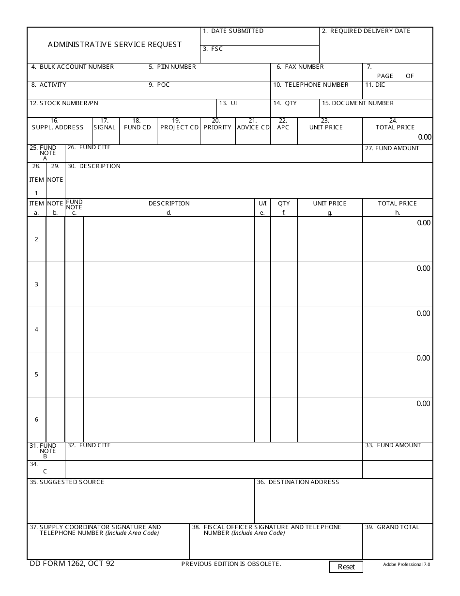 DD Form 1262 Administrative Service Request, Page 1