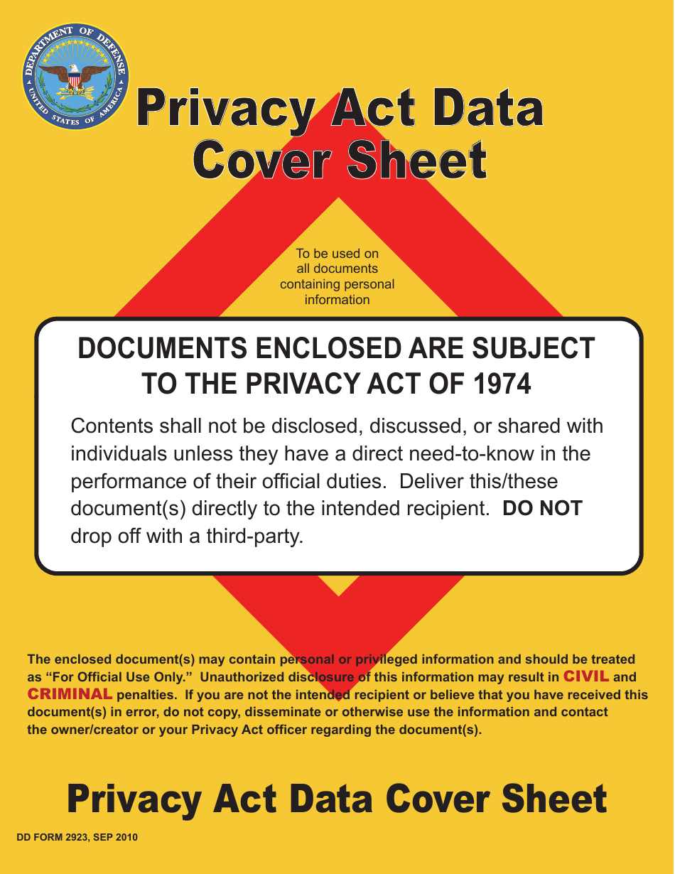 DD Form 2923 Privacy Act Data Cover Sheet, Page 1