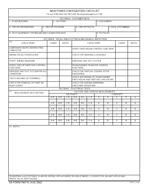 DA Form 7467-R Main Power Energization Checklist