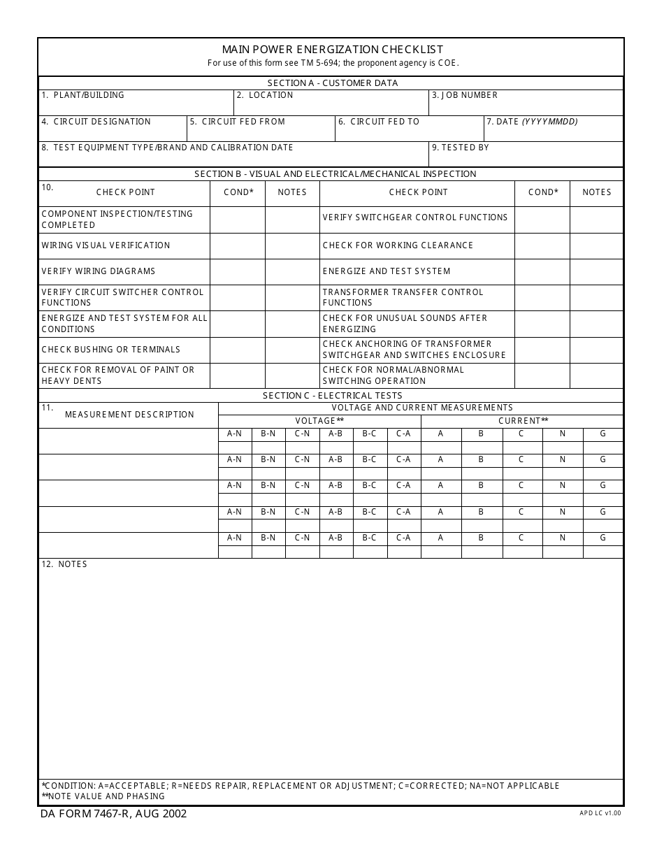 DA Form 7467-R Main Power Energization Checklist, Page 1