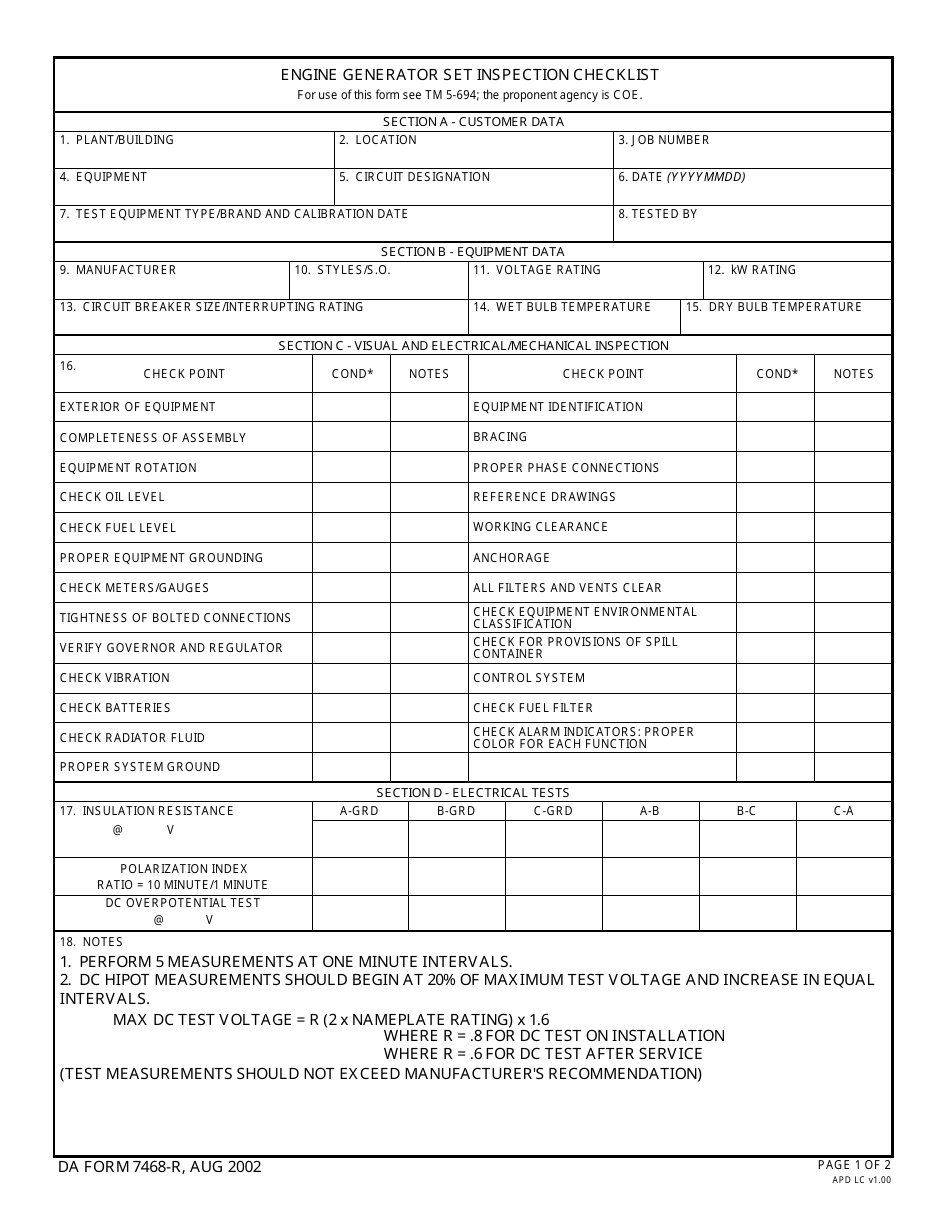 Da Form 7468 R Download Fillable Pdf Or Fill Online Engine Generator Set Inspection Checklist Templateroller