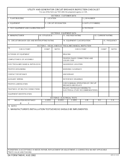 DA Form 7469-R Utility and Generator Circuit Breaker Inspection Checklist
