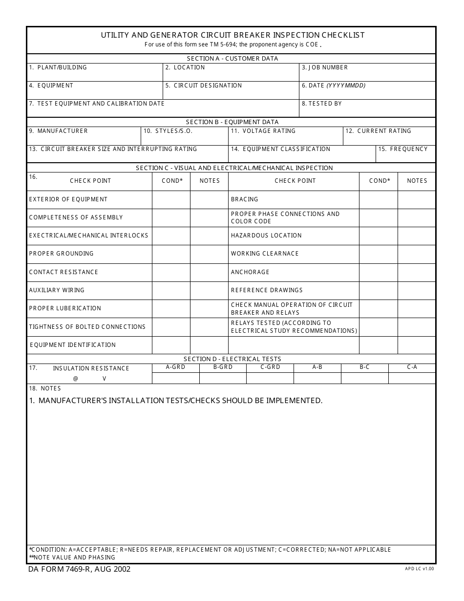DA Form 7469-R Utility and Generator Circuit Breaker Inspection Checklist, Page 1