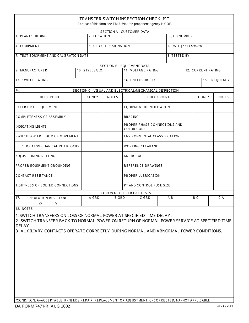 DA Form 7471-R Transfer Switch Inspection Checklist, Page 1