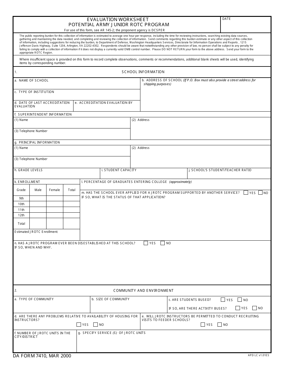 DA Form 7410 Evaluation Worksheet Potential Army Junior Rotc Program, Page 1