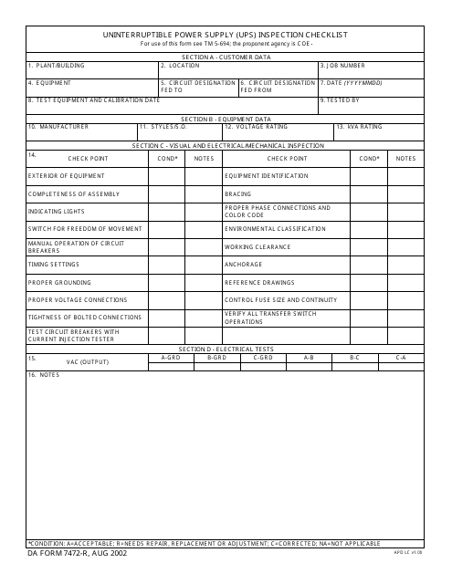 DA Form 7472-R Uninterruptible Power Supply (Ups) Inspection Checklist
