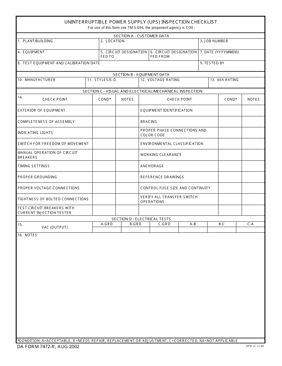 DA Form 7472-R Uninterruptible Power Supply (Ups) Inspection Checklist, Page 1