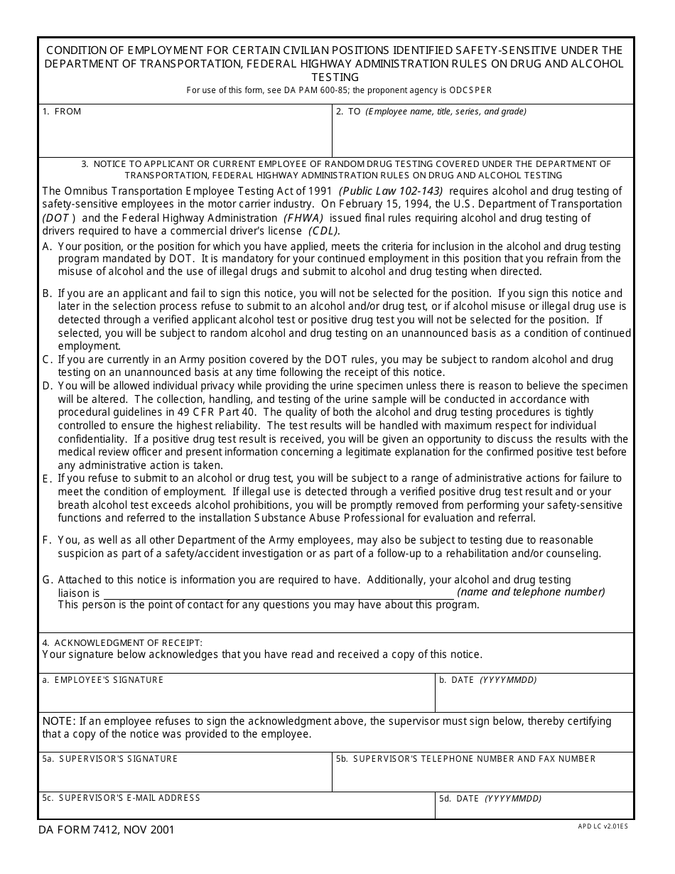 DA Form 7412 Condition of Employment for Certain Civilian Positions Identified Safety-Sensitive Under the Department of Transportation, Federal Highway Administration Rules on Drug and Alcohol Testing, Page 1