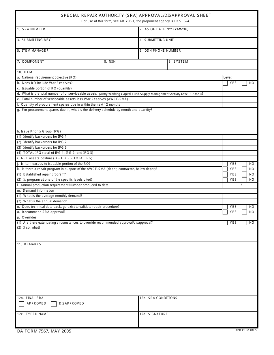 DA Form 7567 Special Repair Authority (Sra) Approval / Disapproval Sheet, Page 1