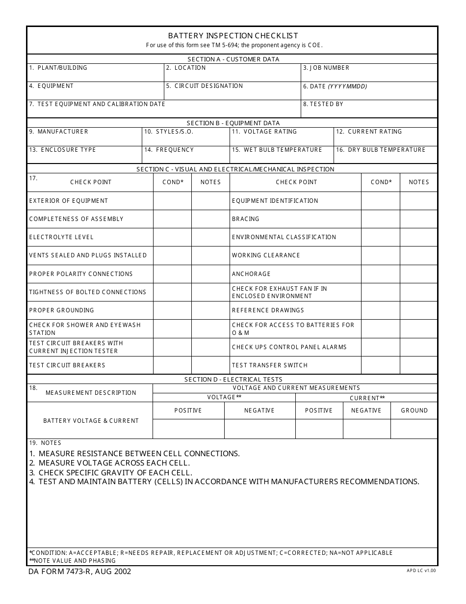 Da Form 7473 R Download Fillable Pdf Or Fill Online Battery Inspection Checklist Templateroller The most secure digital platform to get legally binding, electronically signed documents in just a few seconds. battery inspection checklist