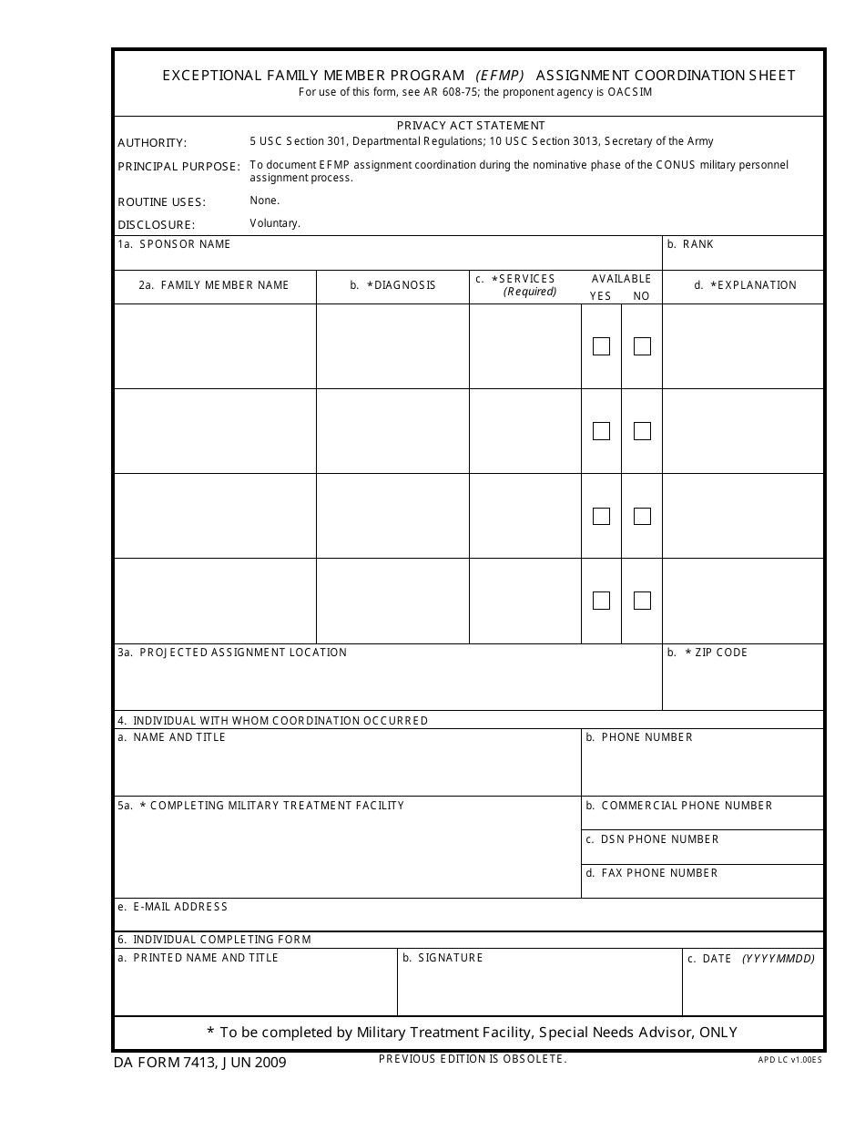 DA Form 7413 Exceptional Family Member Program (EFMP) Assignment Coordination Sheet, Page 1