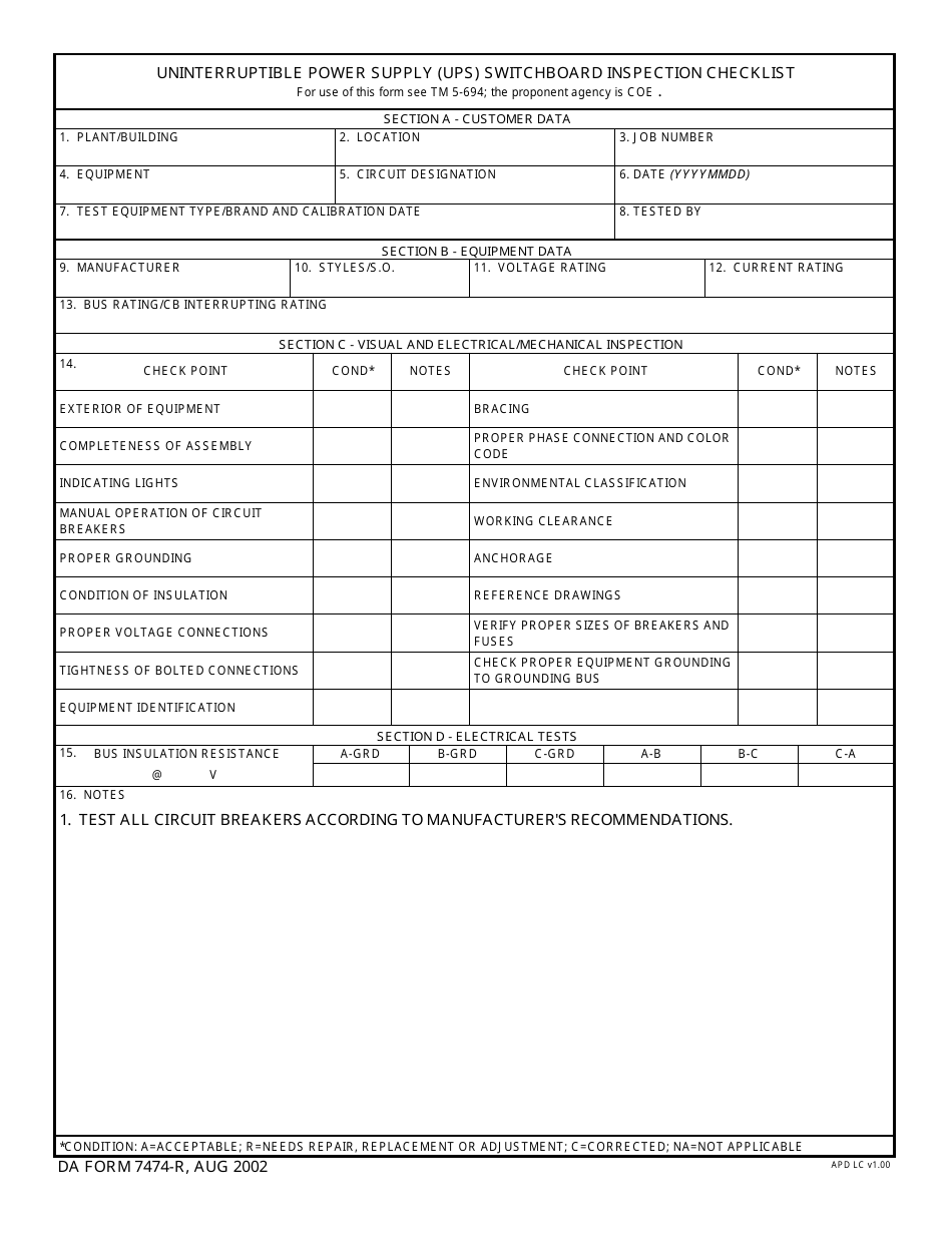DA Form 7474-R Uninterruptible Power Supply (Ups) Switchboard Inspection Checklist, Page 1
