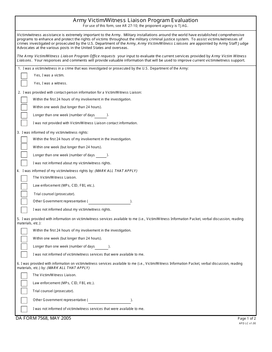 DA Form 7568 Army Victim / Witness Liaison Program Evaluation, Page 1