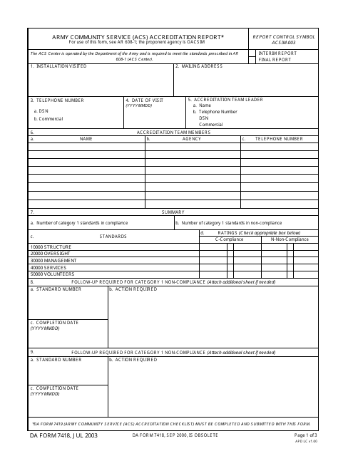 DA Form 7418  Printable Pdf