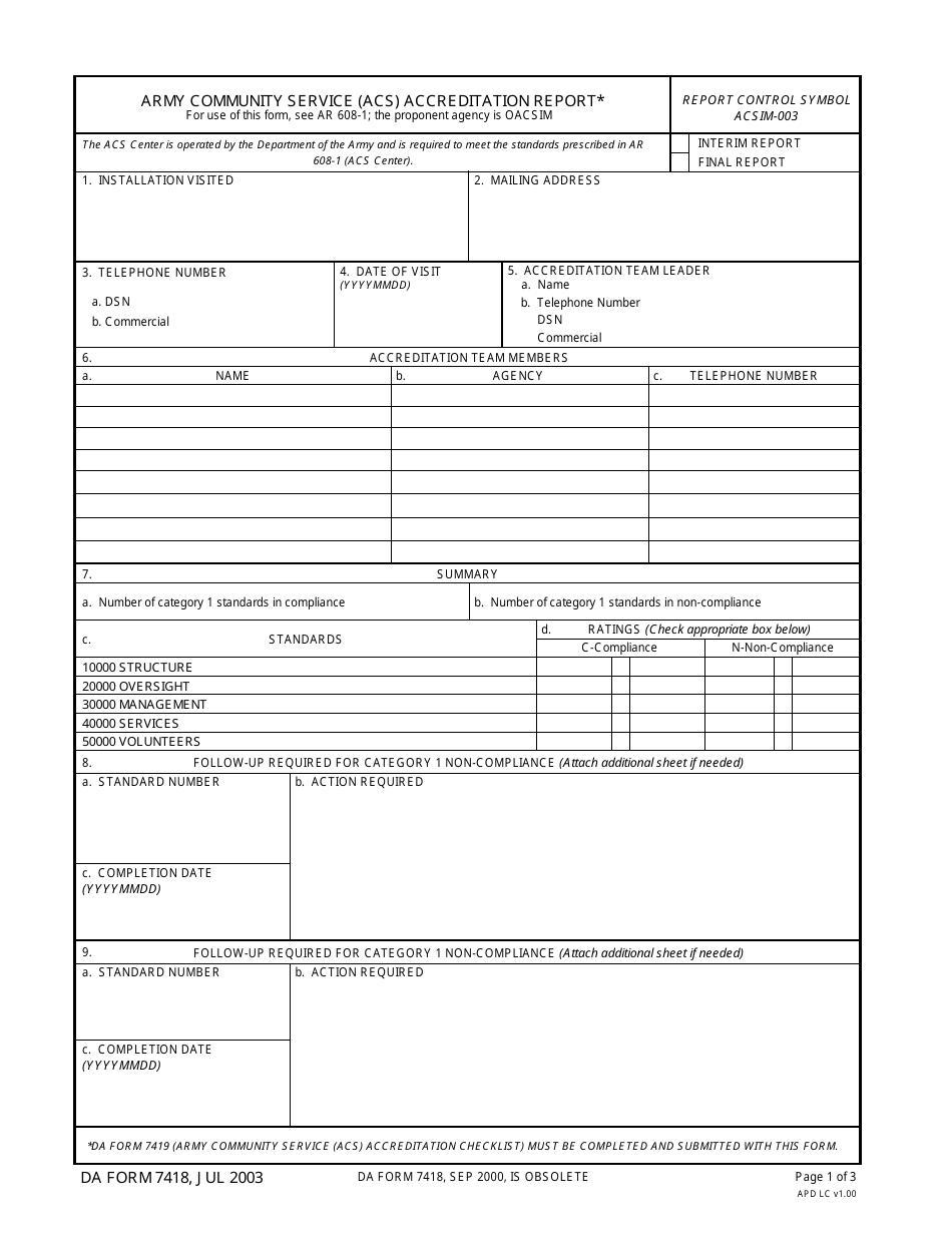 DA Form 7418 Army Community Service Accreditation Report, Page 1