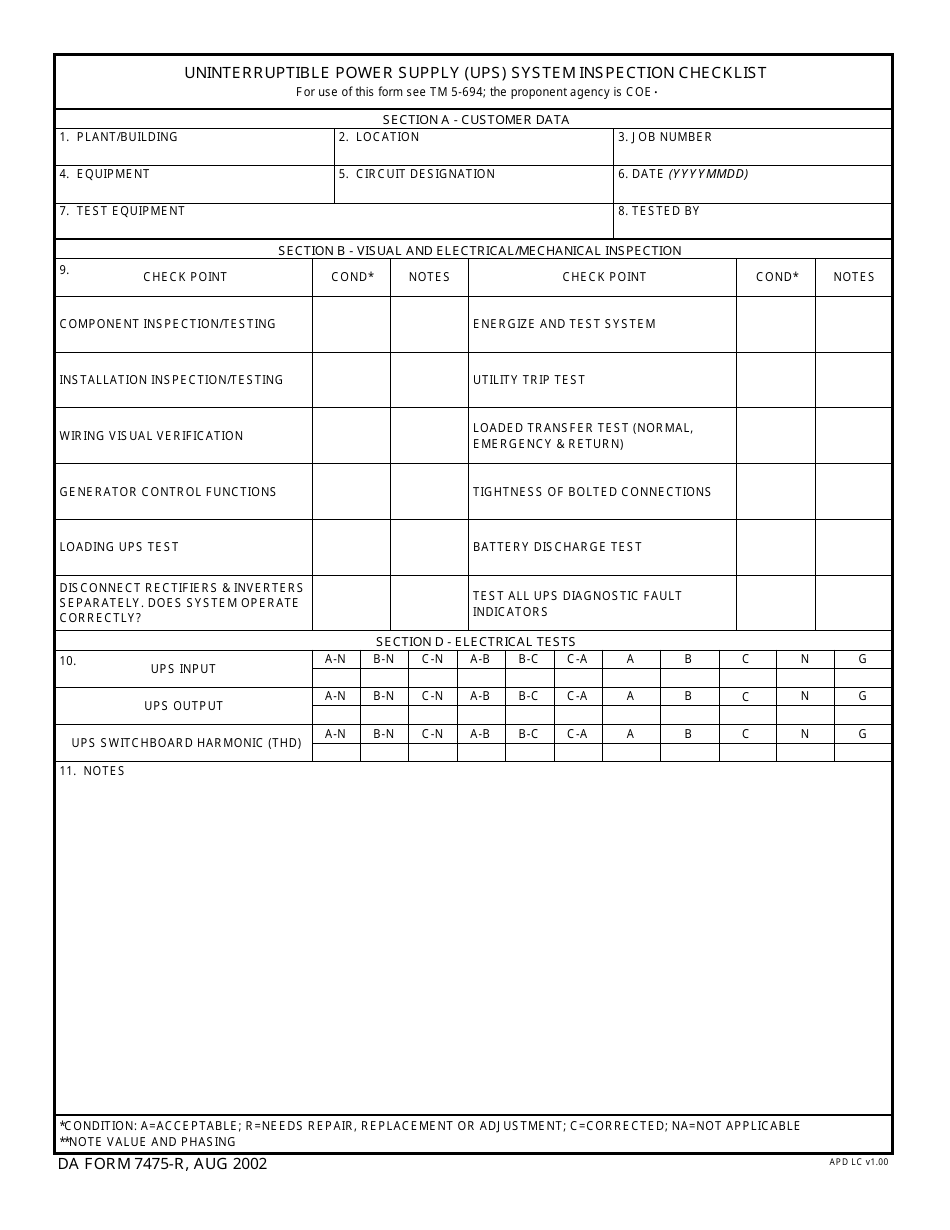 DA Form 7475-R Uninterruptible Power Supply (Ups) System Inspection Checklist, Page 1