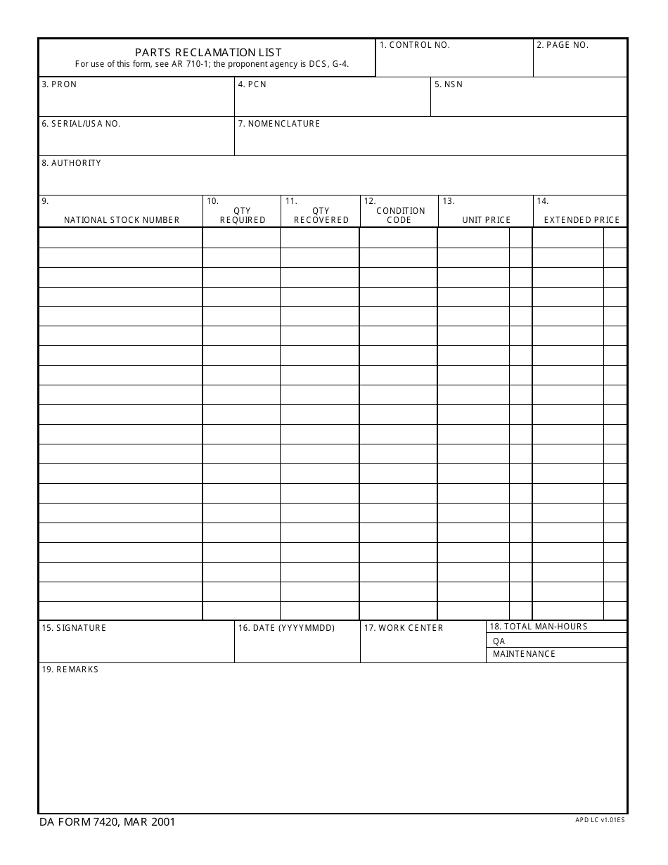 DA Form 7420 Parts Reclamation List, Page 1