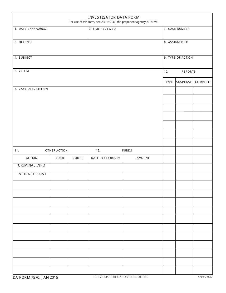DA Form 7570 Investigator Data, Page 1