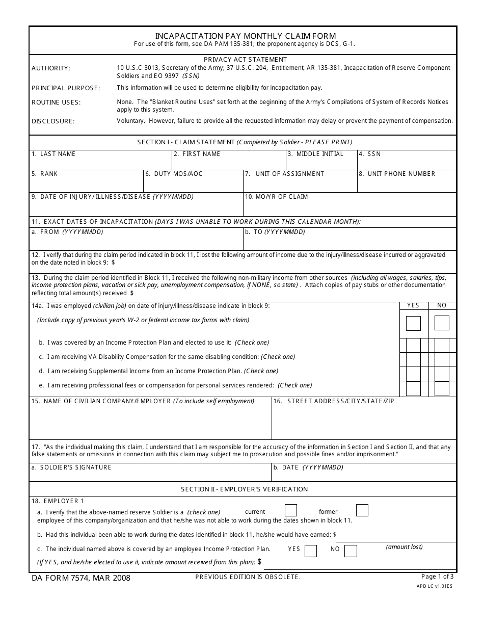 DA Form 7574 Incapacitation Pay Monthly Claim, Page 1
