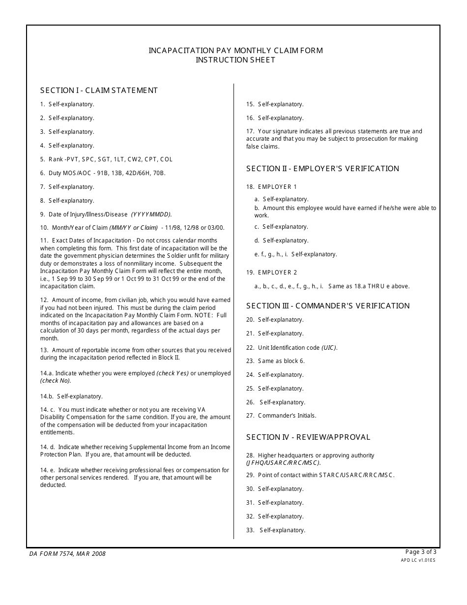 DA Form 7574 Incapacitation Pay Monthly Claim, Page 3