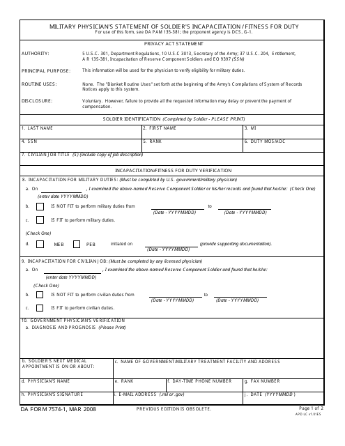 DA Form 7574-1 - Fill Out, Sign Online and Download Fillable PDF