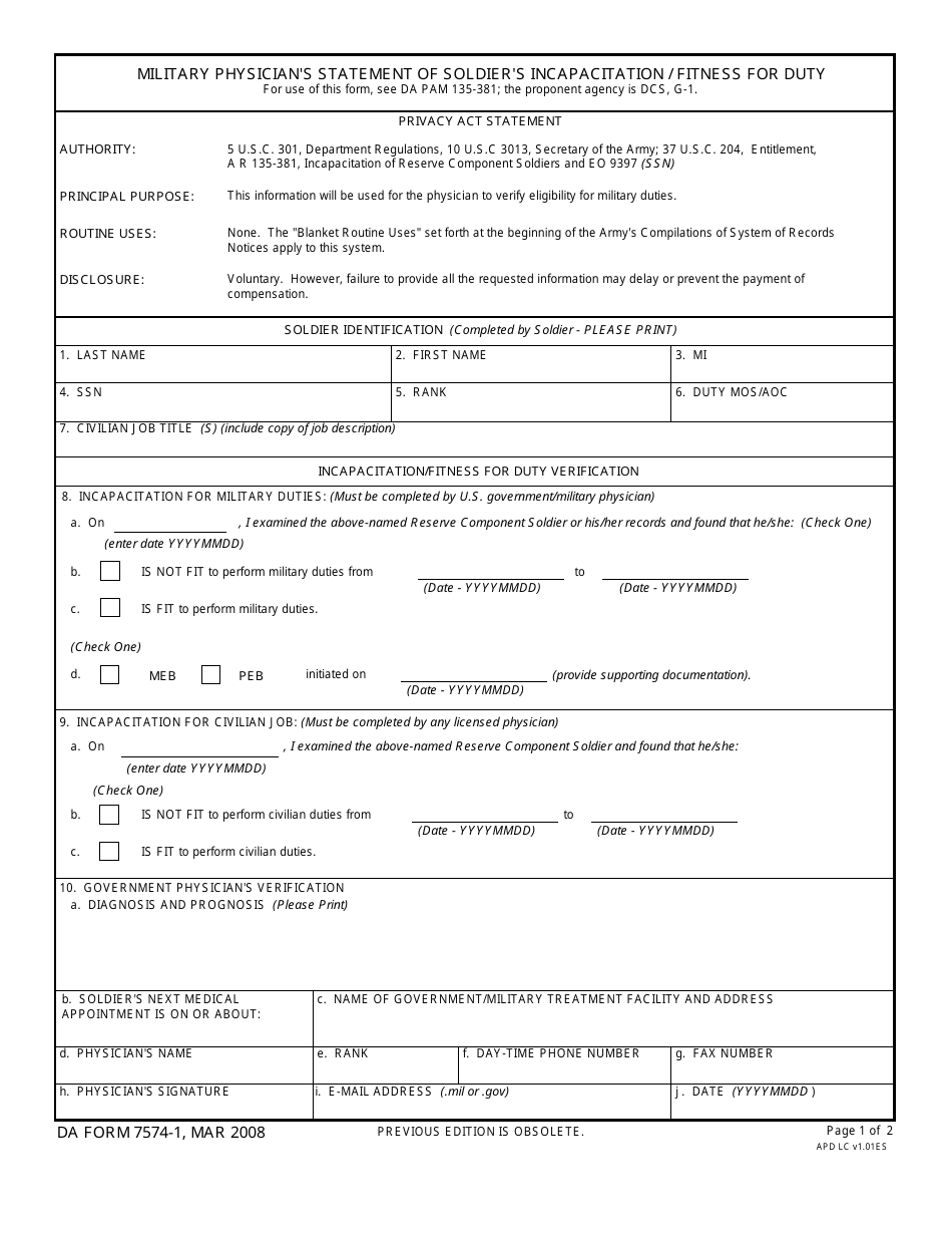 DA Form 7574-1 Military Physician's Statement of Soldier's Incapacitation/Fitness for Duty, Page 1