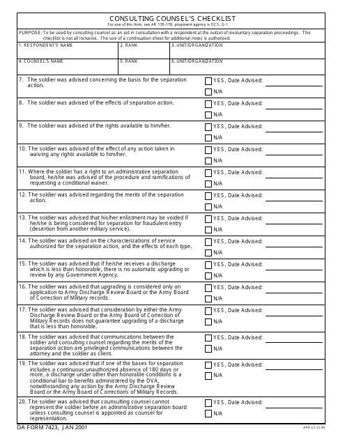 DA Form 7423  Printable Pdf
