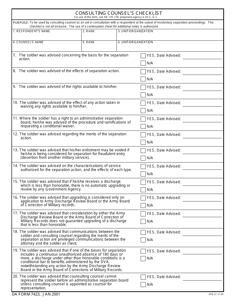 DA Form 7423 Consulting Counsels Checklist, Page 1