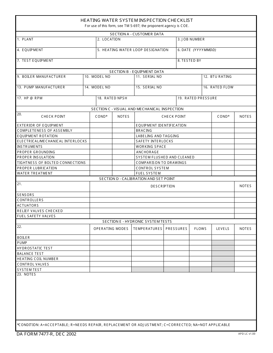 DA Form 7477-R Heating Water System Inspection Checklist, Page 1