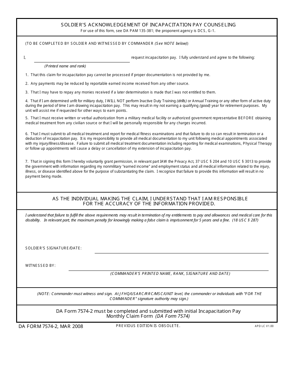 DA Form 7574-2 Soldier's Acknowledgement of Incapacitation Pay Counseling, Page 1