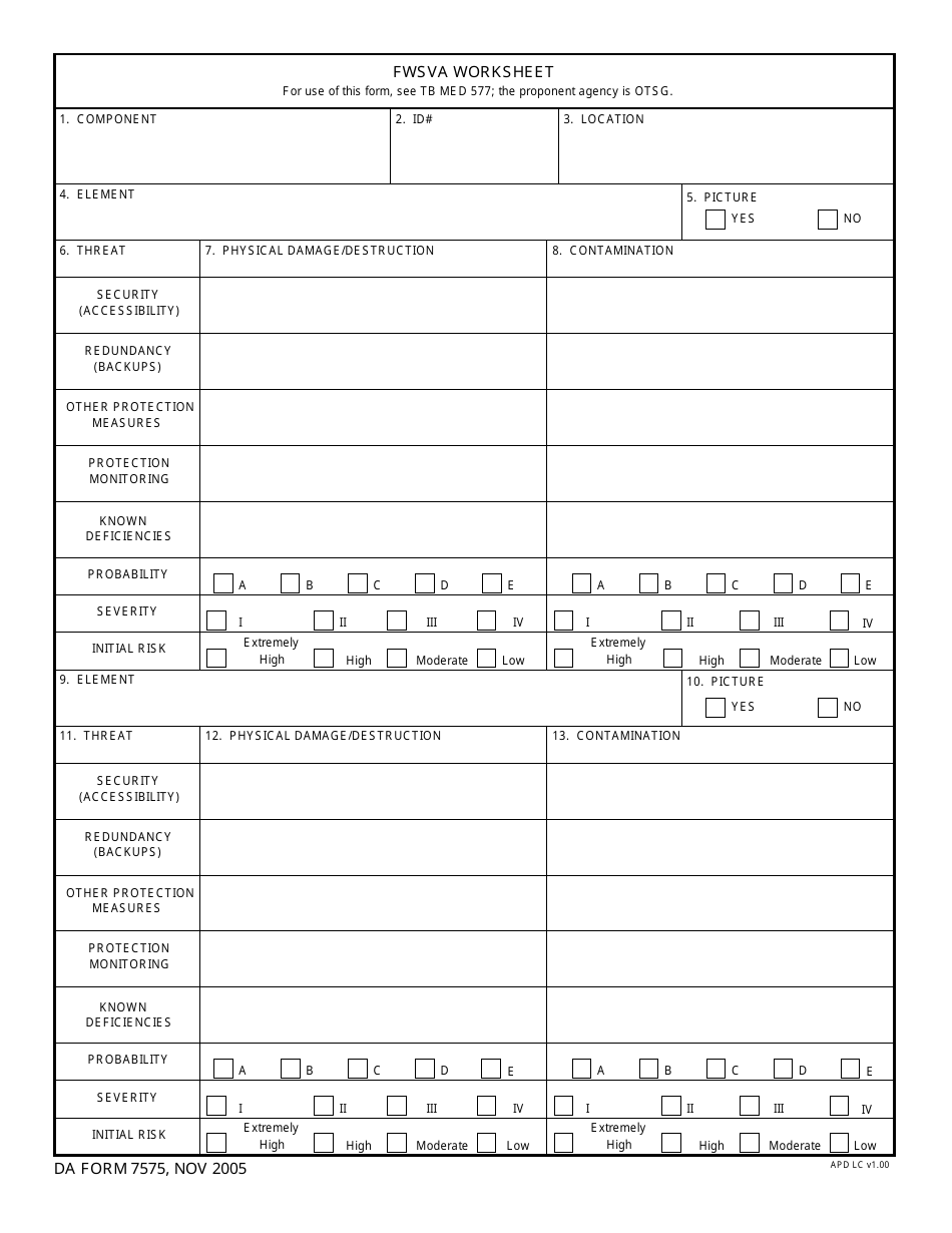DA Form 7575 Fwsva Worksheet, Page 1