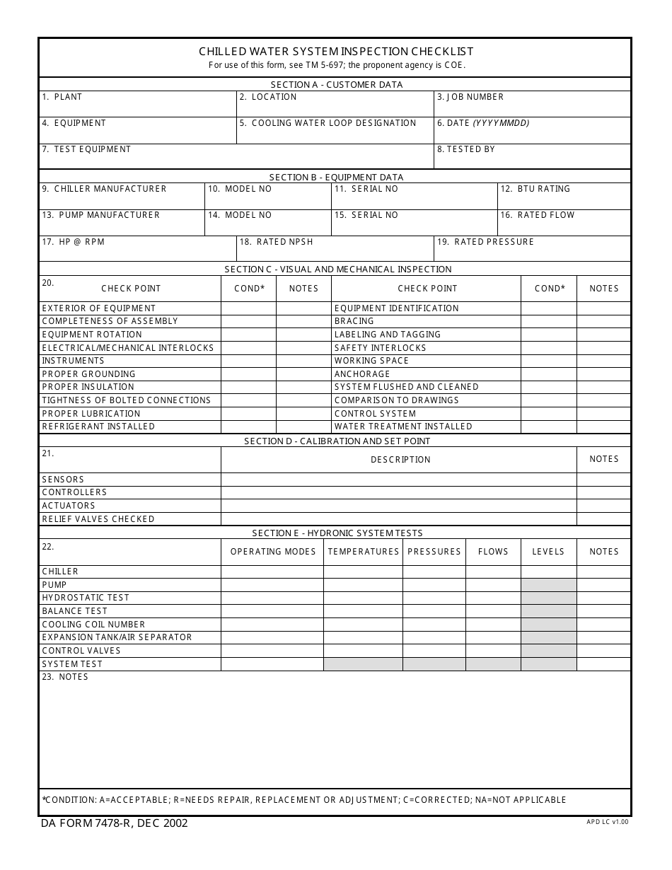 DA Form 7478-R Chilled Water System Inspection Checklist, Page 1