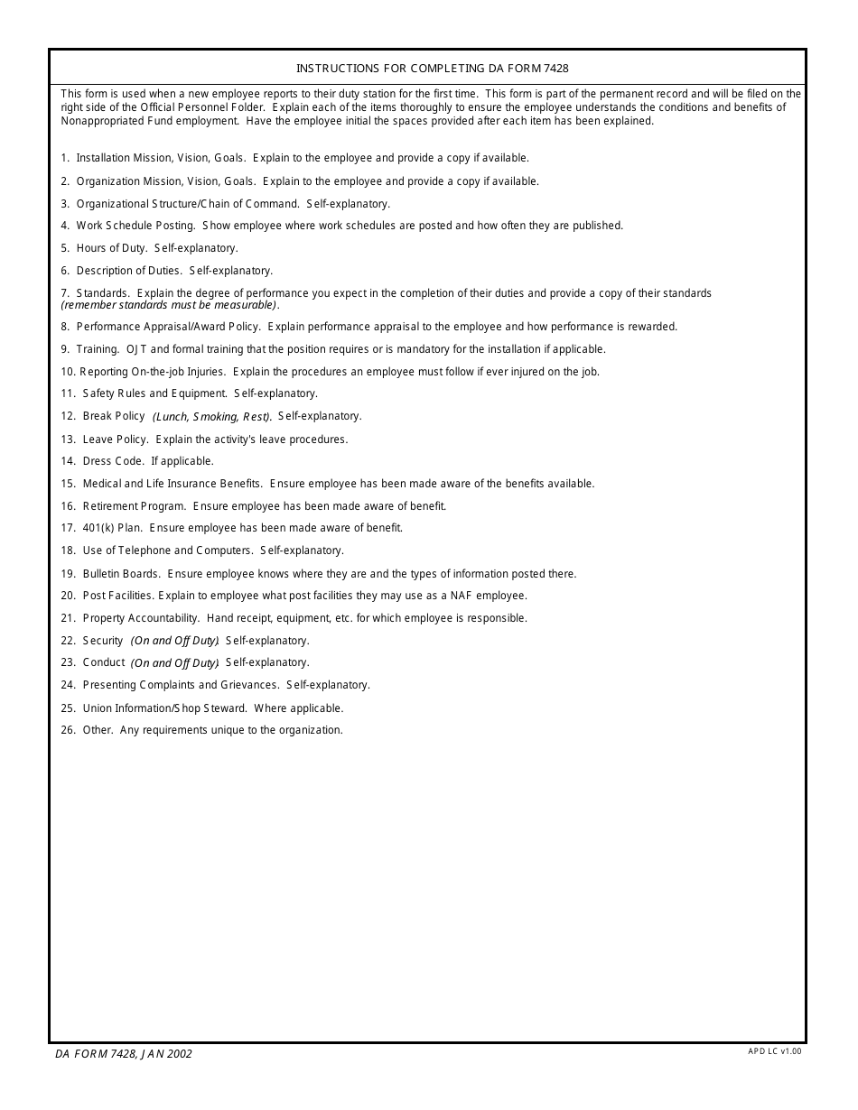 DA Form 7428 Nonappropriated Fund Supervisors Orientation Checklist, Page 2