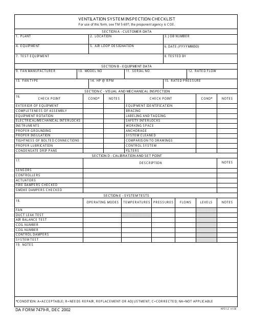 DA Form 7479-R Ventilation System Inspection Checklist