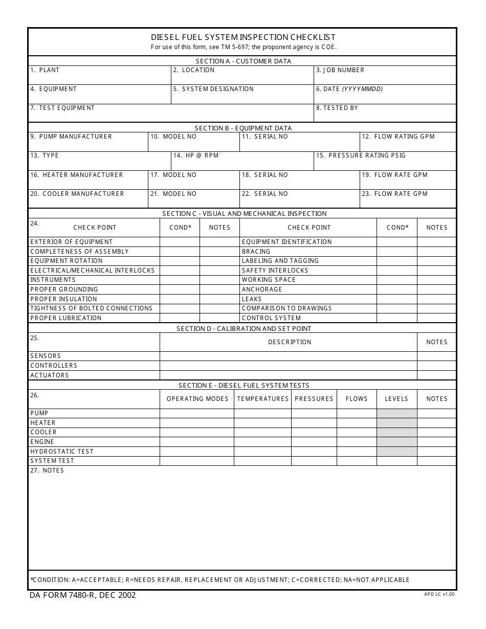 DA Form 7480-R Diesel Fuel System Inspection Checklist, Page 1