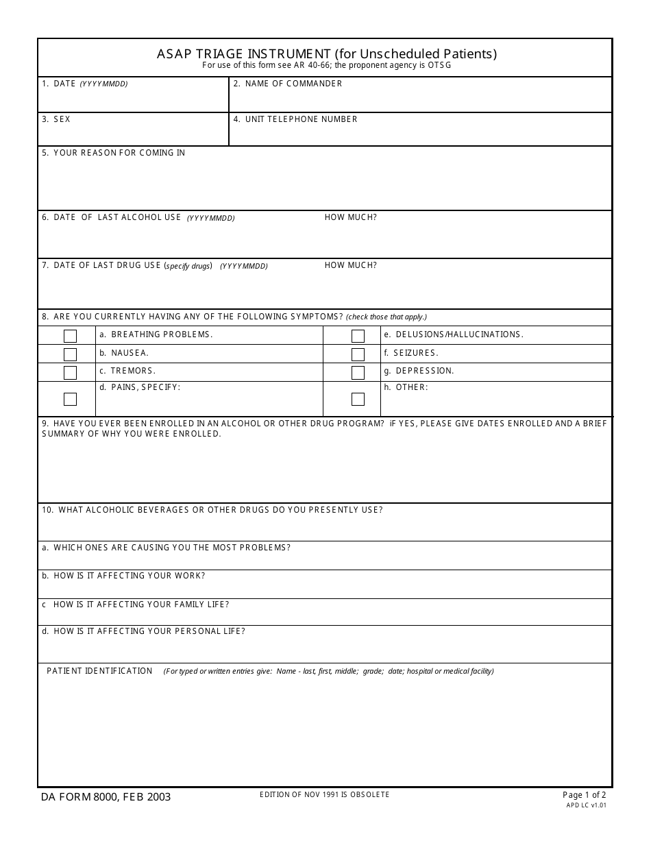 DA Form 8000 Asap Triage Instrument (For Unscheduled Patients), Page 1